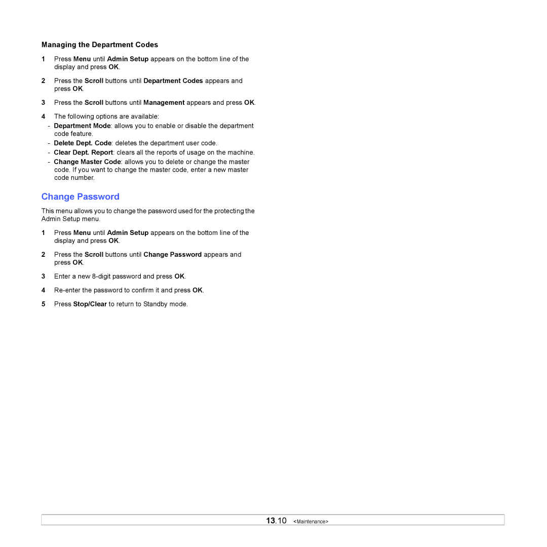 Samsung SCX-6x22 manual Change Password, Managing the Department Codes 