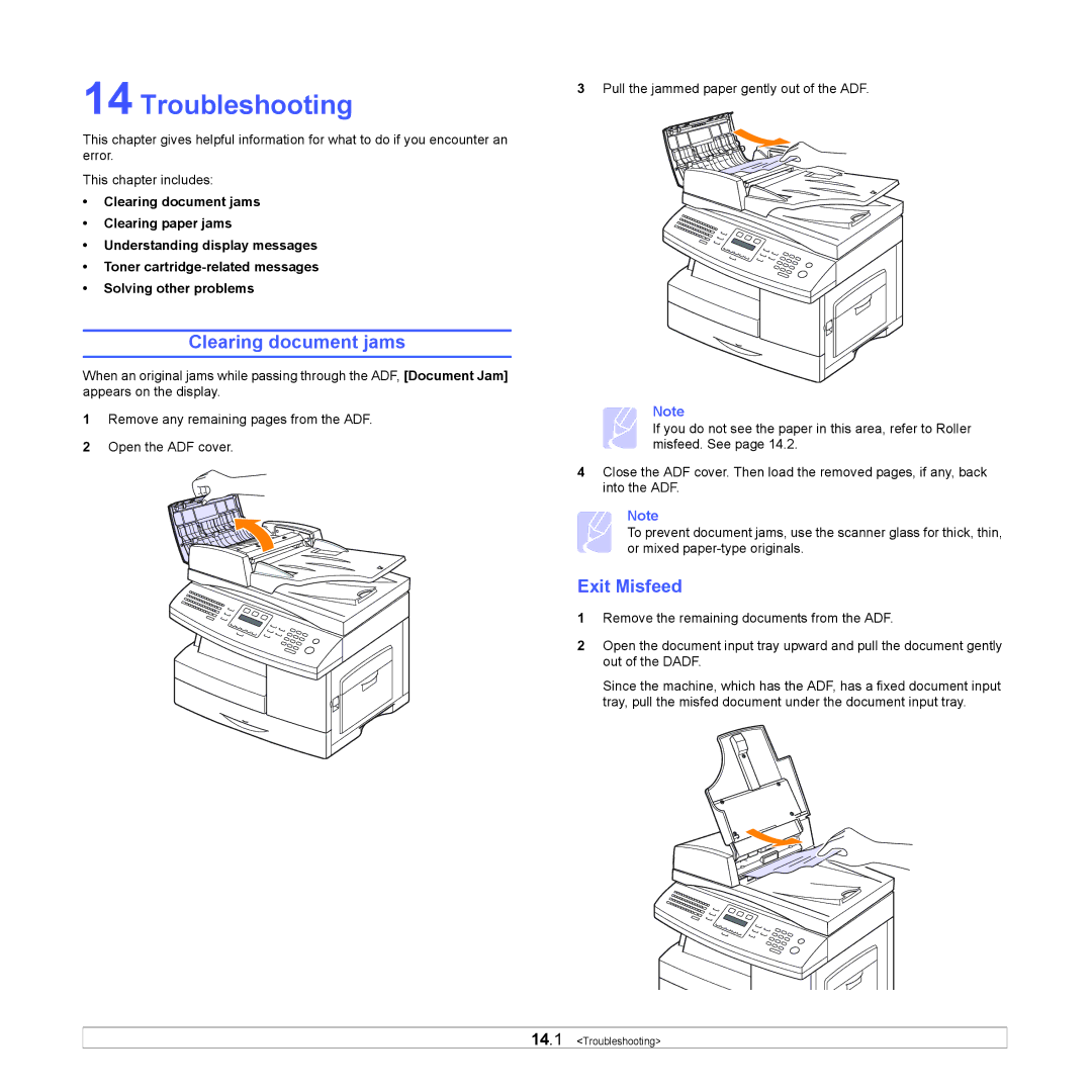 Samsung SCX-6x22 manual Troubleshooting, Clearing document jams, Exit Misfeed 