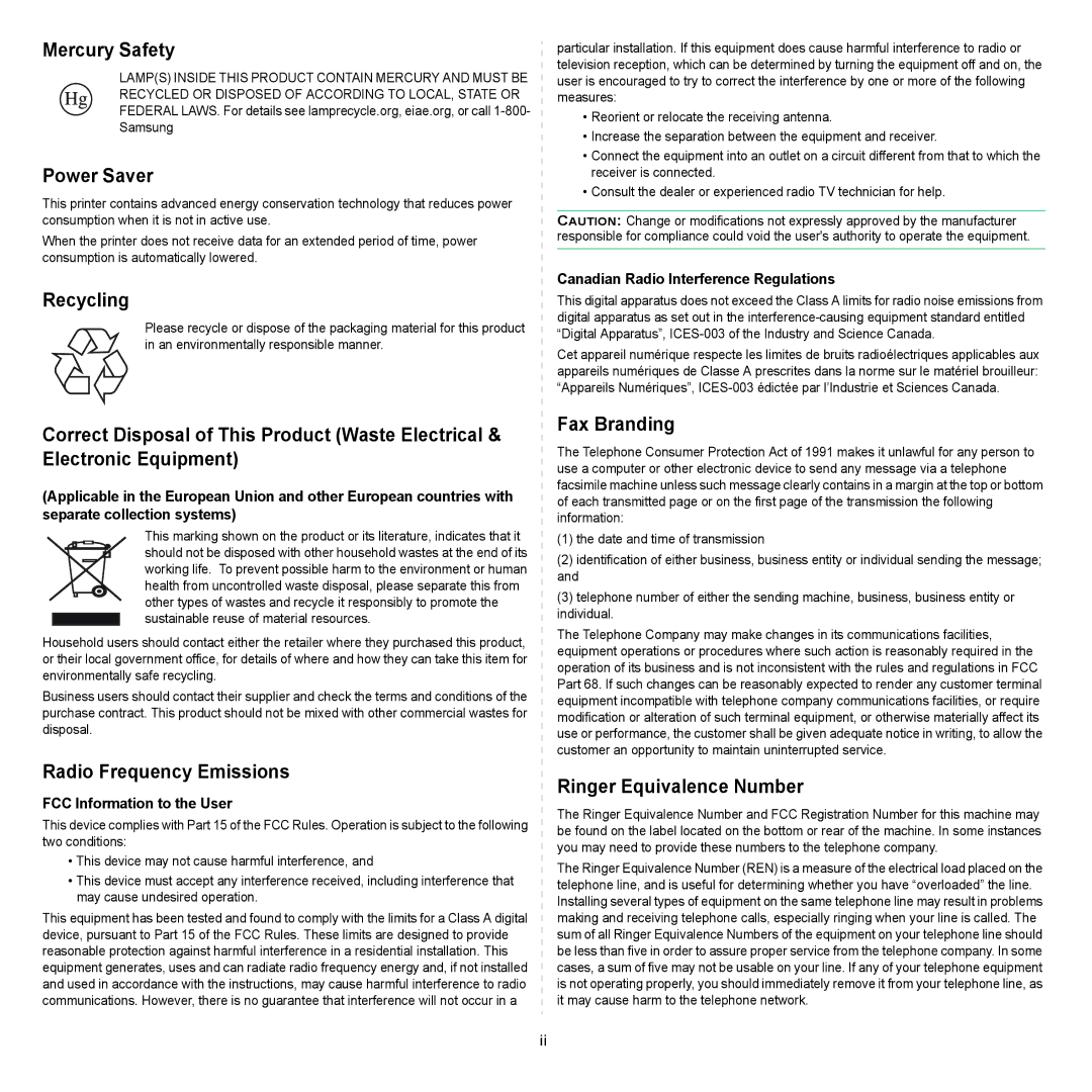 Samsung SCX-6x22 manual Canadian Radio Interference Regulations, FCC Information to the User 