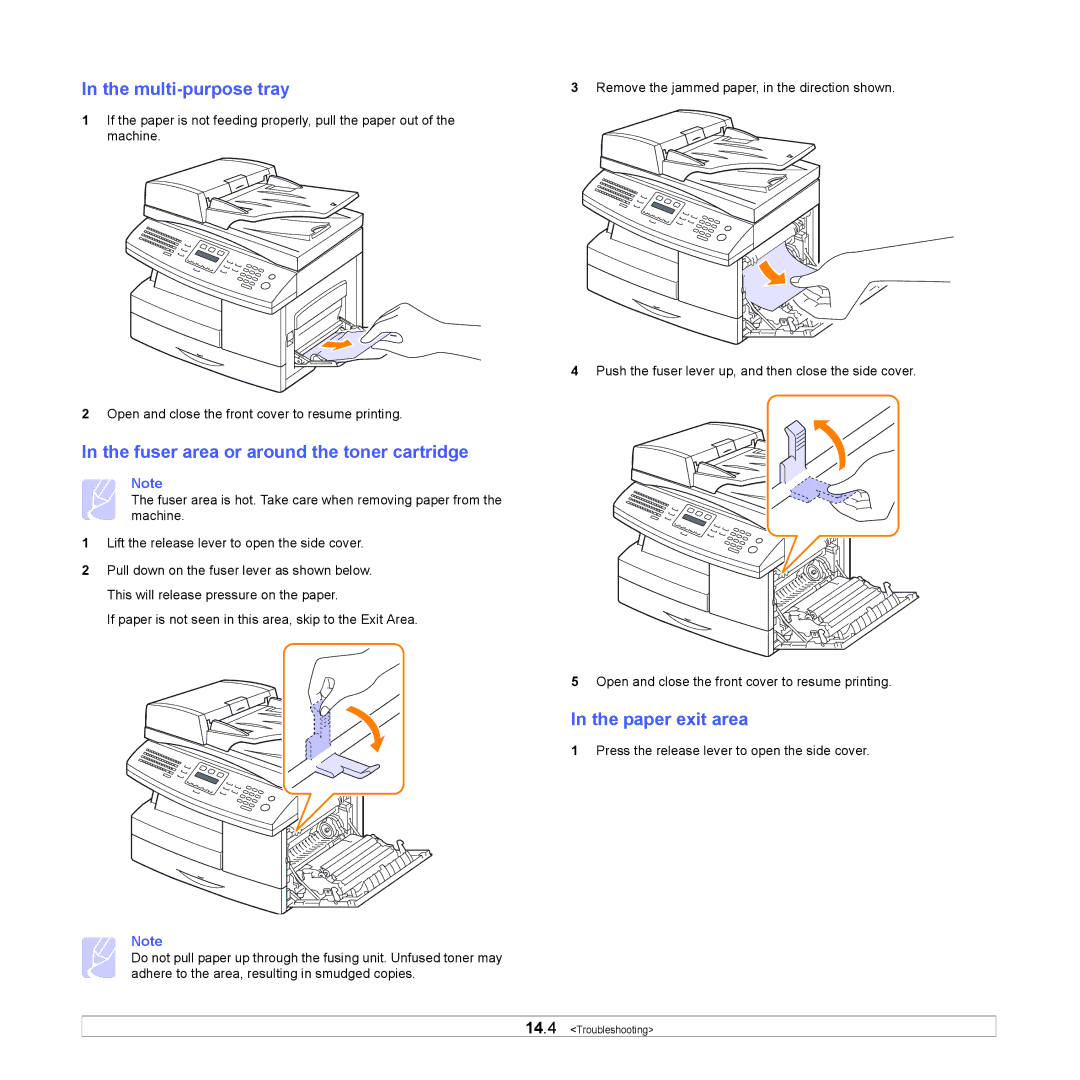 Samsung SCX-6x22 manual Fuser area or around the toner cartridge, Paper exit area 