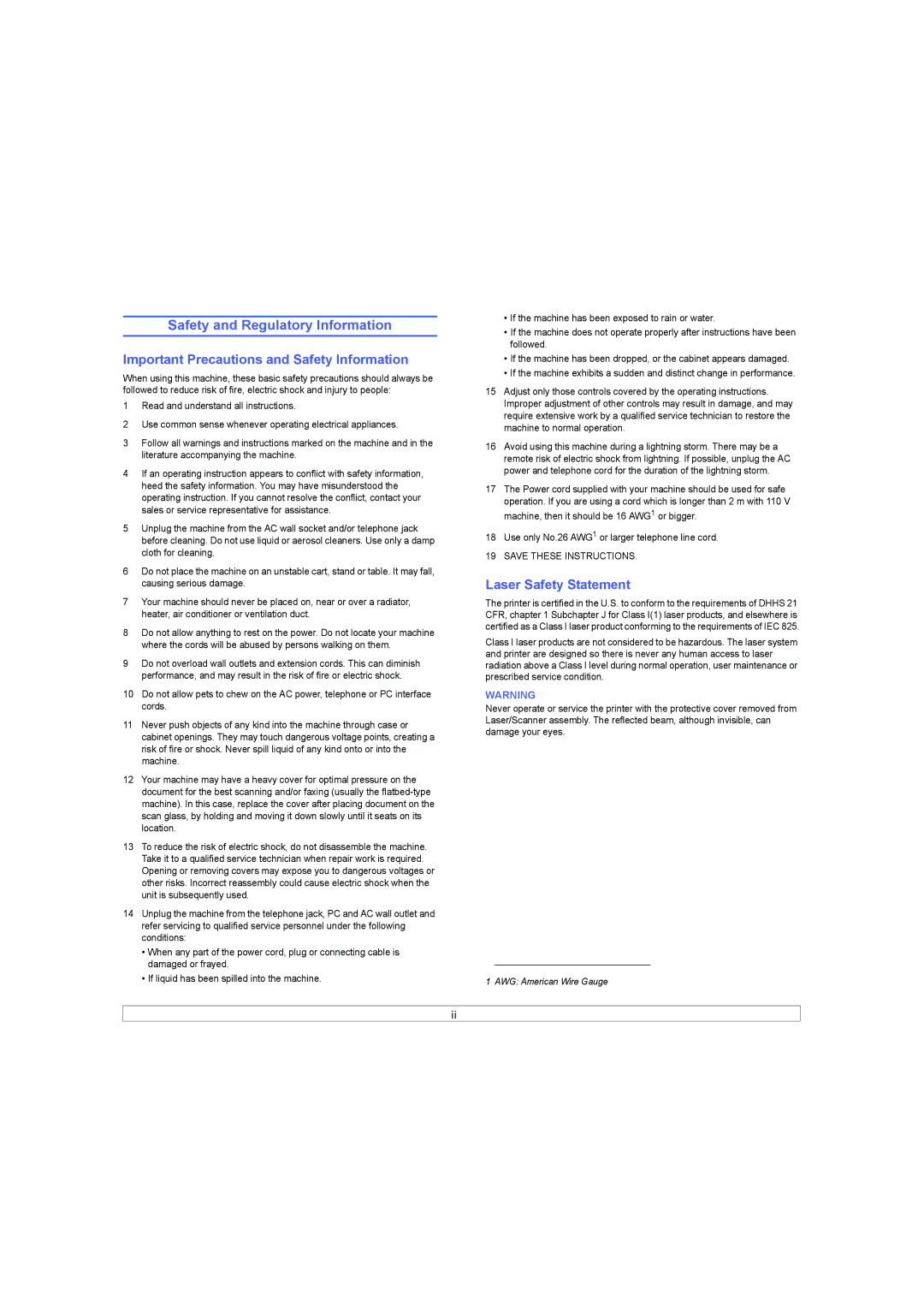 Samsung SCX-6X45 Safety and Regulatory Information, Important Precautions and Safety Information, Laser Safety Statement 