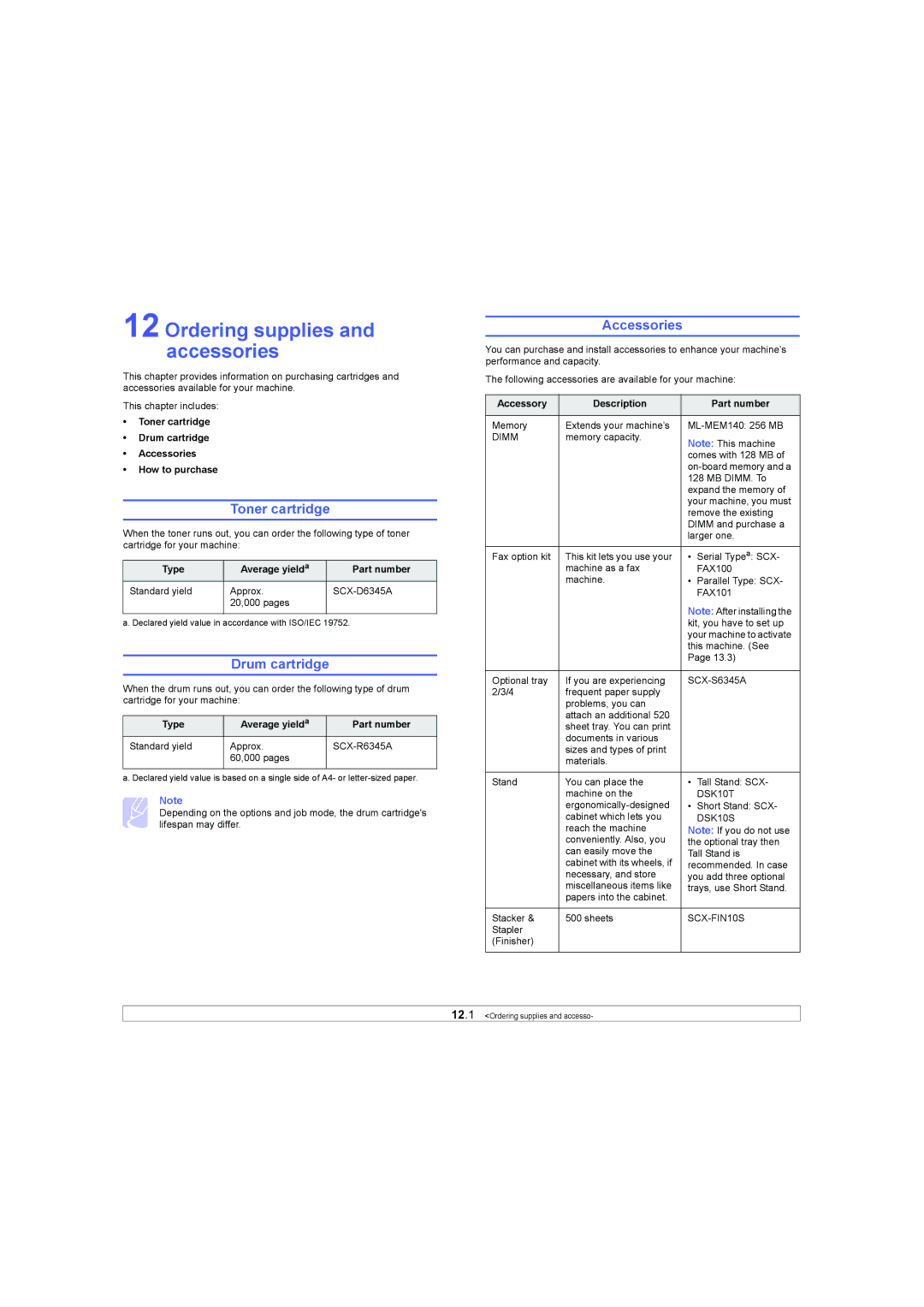 Samsung SCX-6X45 manual Ordering supplies and accessories, Toner cartridge, Drum cartridge, Accessories 