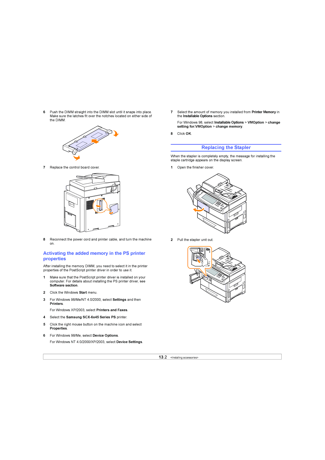 Samsung SCX-6X45 manual Replacing the Stapler, Activating the added memory in the PS printer properties 