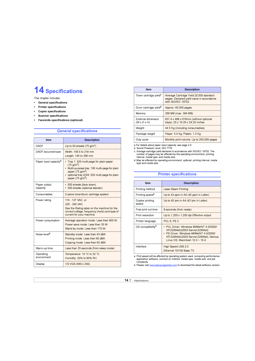 Samsung SCX-6X45 manual Specifications, General specifications, Printer specifications 