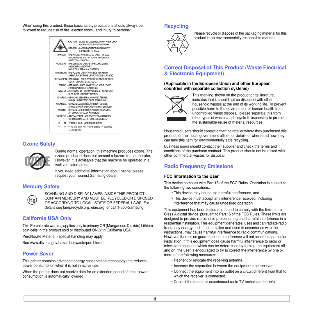 Samsung SCX-6X45 Recycling, Ozone Safety, Mercury Safety, California USA Only, Power Saver, Radio Frequency Emissions 