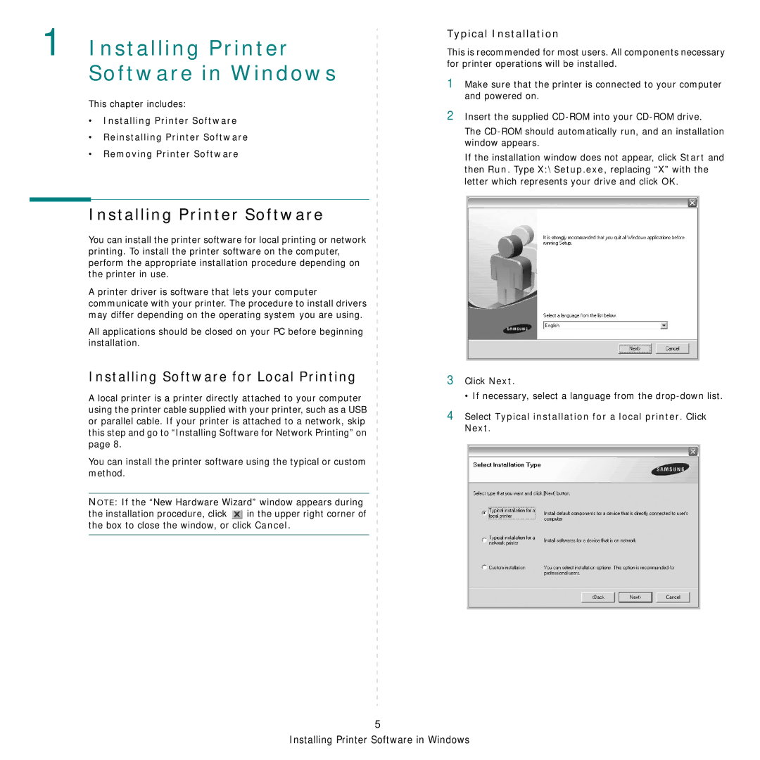 Samsung SCX-6X45 manual Installing Printer Software, Installing Software for Local Printing, Typical Installation 