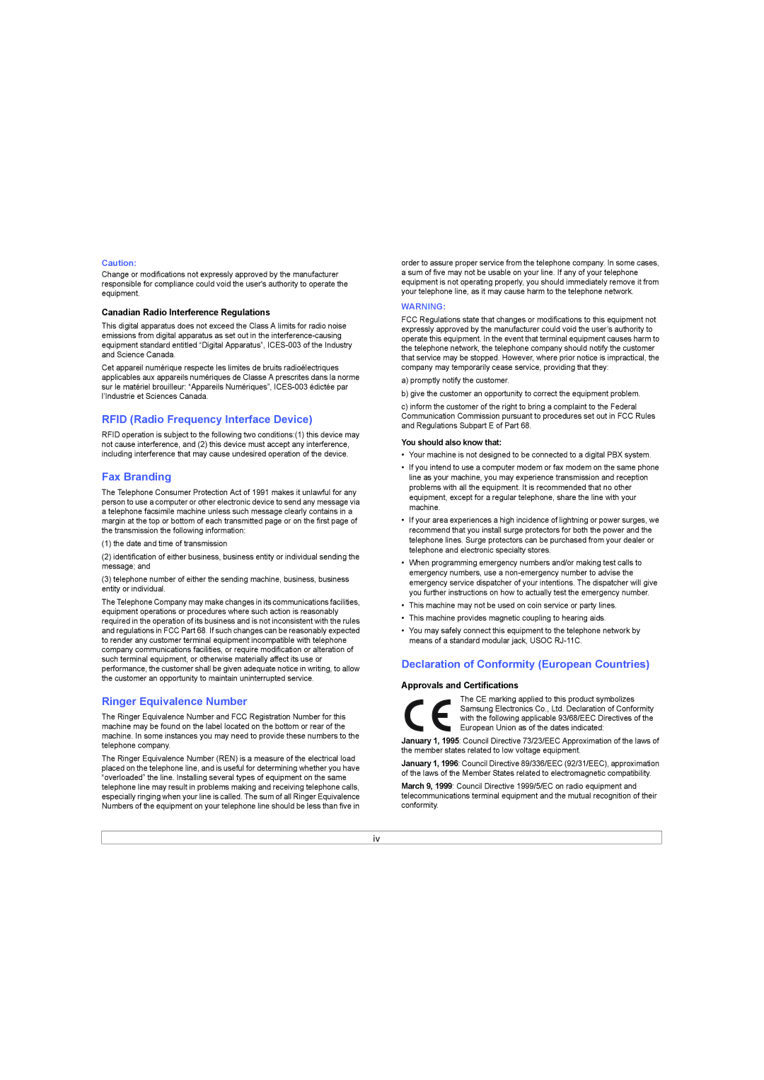 Samsung SCX-6X45 manual Rfid Radio Frequency Interface Device, Fax Branding, Ringer Equivalence Number 