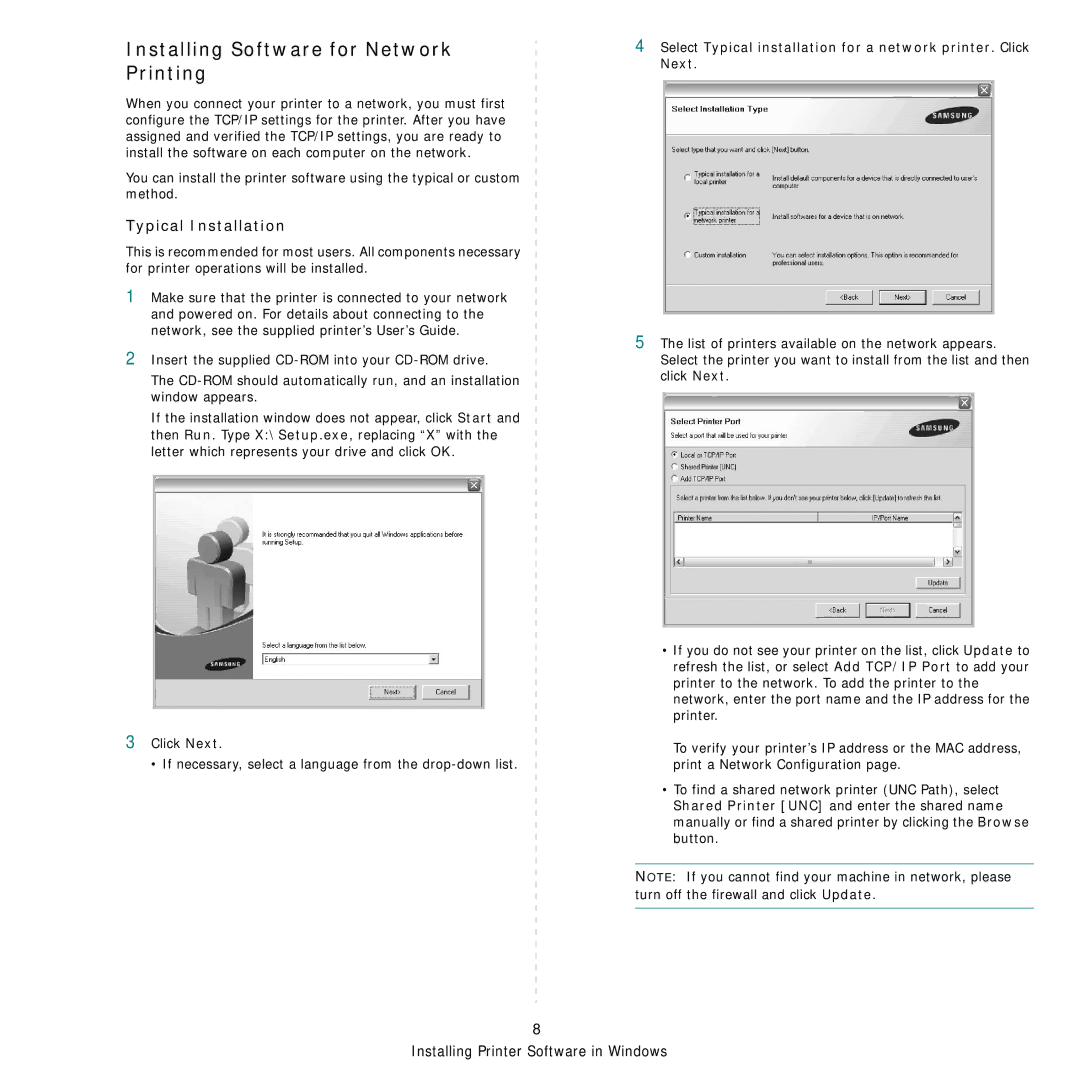 Samsung SCX-6X45 manual Installing Software for Network Printing, Typical Installation 