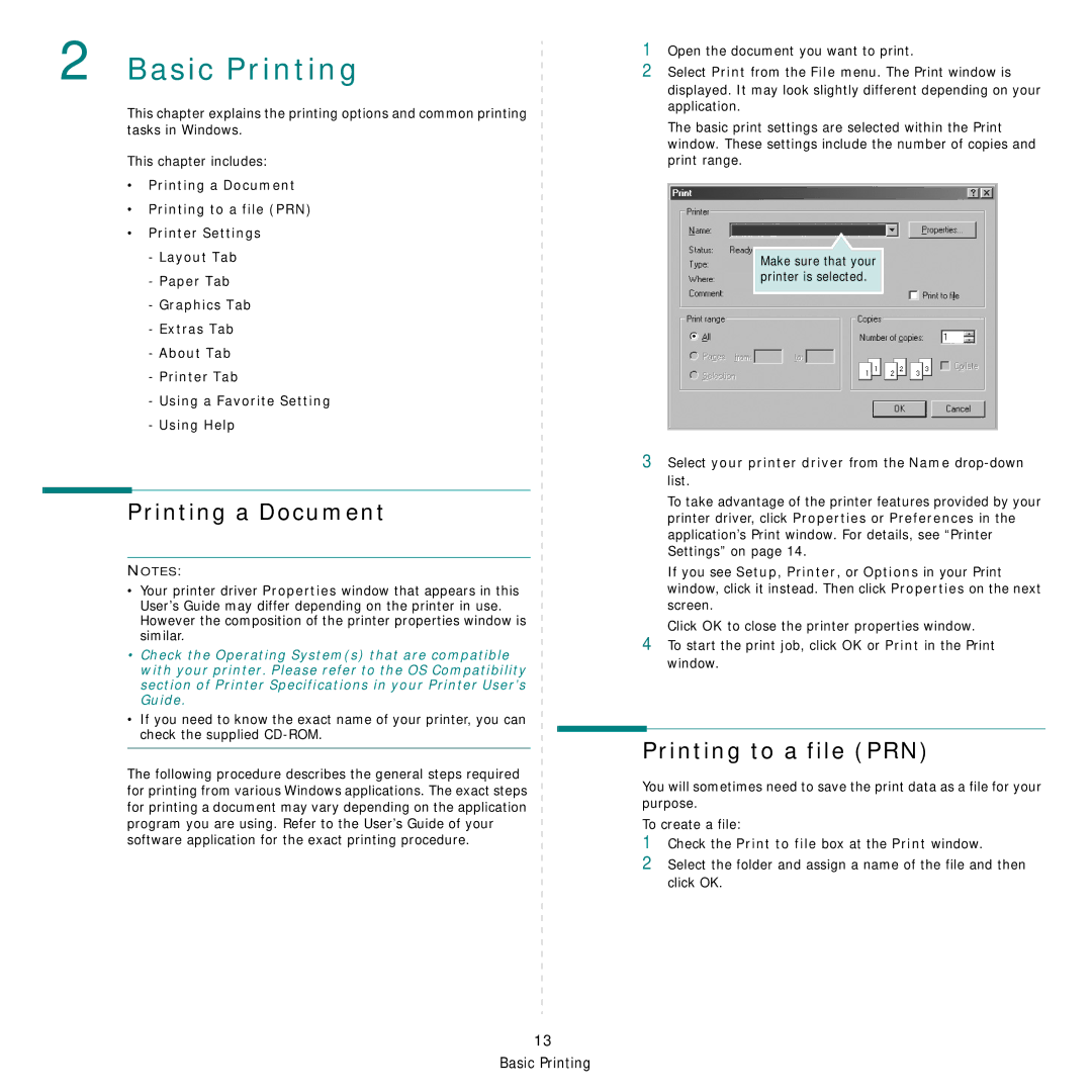 Samsung SCX-6X45 Printing a Document, Printing to a file PRN, Select your printer driver from the Name drop-down list 