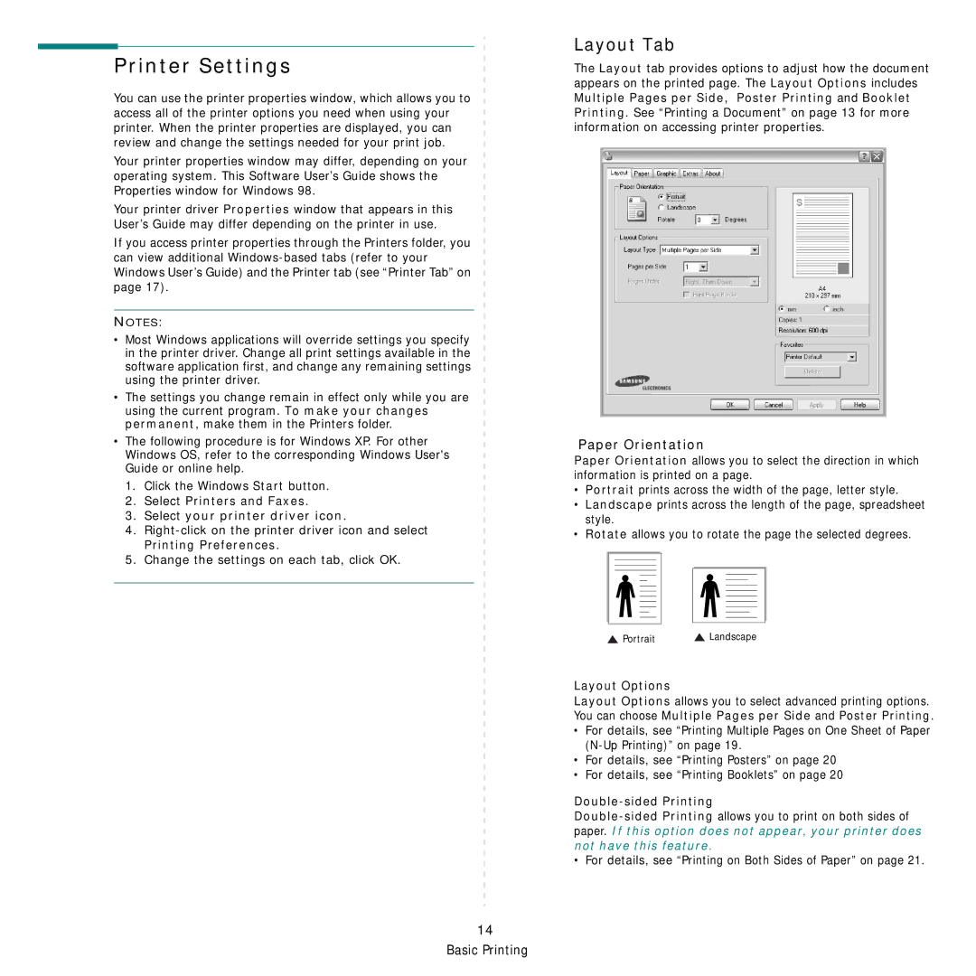 Samsung SCX-6X45 manual Printer Settings, Layout Tab, Paper Orientation 