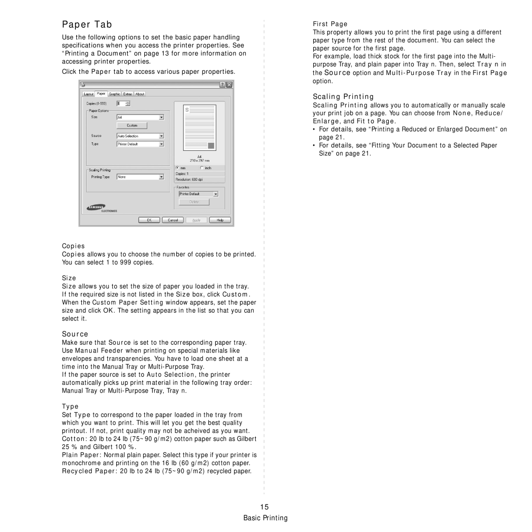 Samsung SCX-6X45 manual Paper Tab, Source, Scaling Printing 