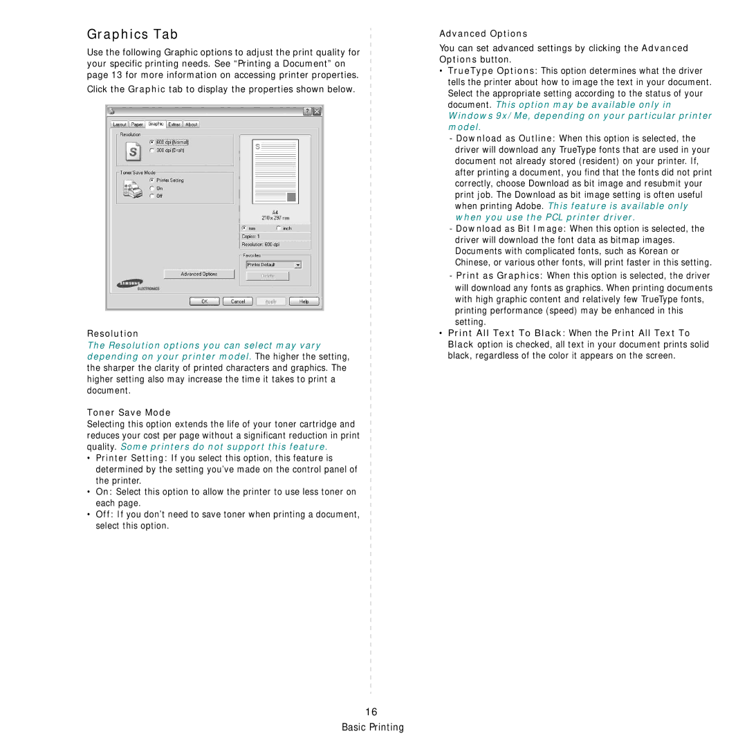 Samsung SCX-6X45 manual Graphics Tab, Resolution, Toner Save Mode, Advanced Options 