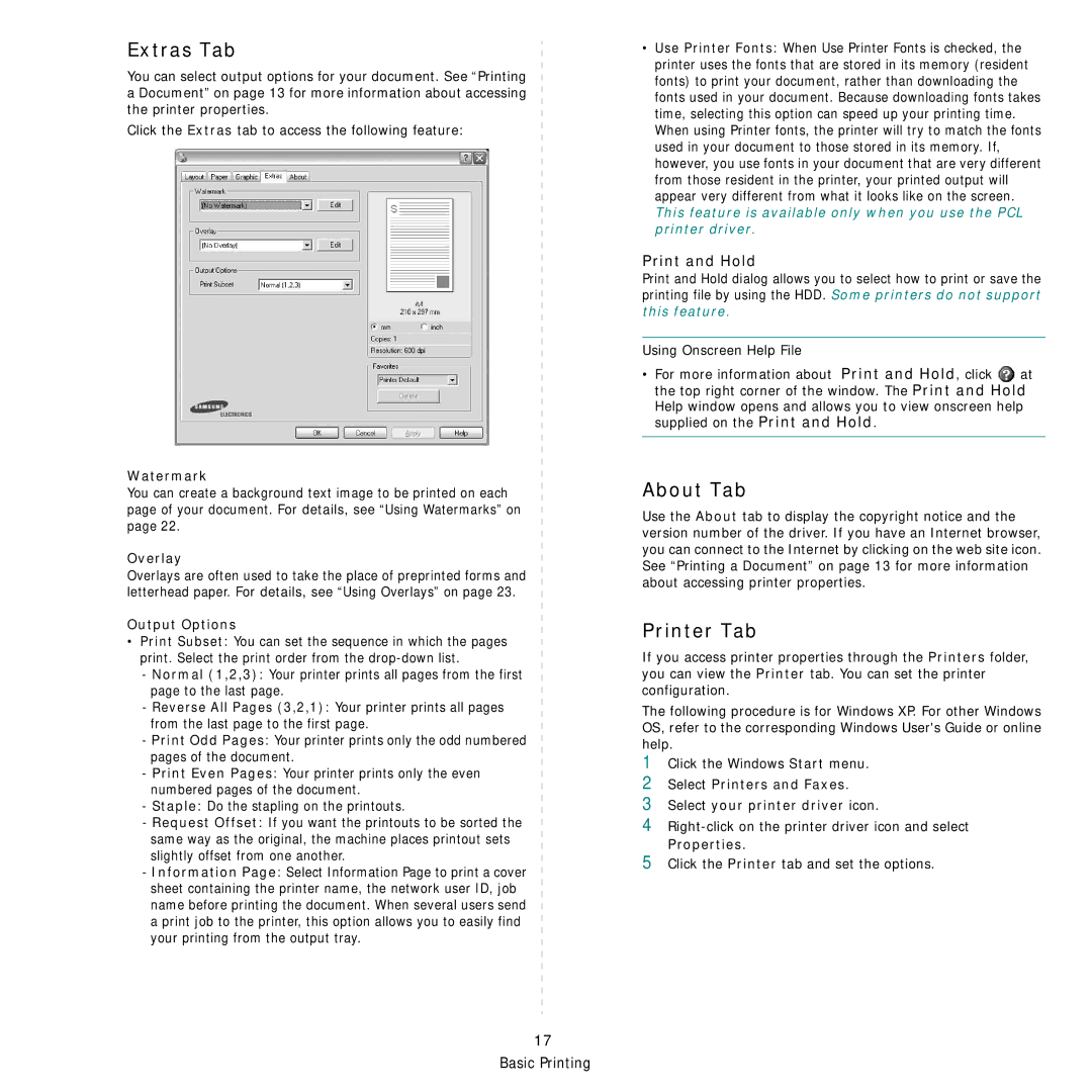 Samsung SCX-6X45 manual Extras Tab, About Tab, Printer Tab, Print and Hold 