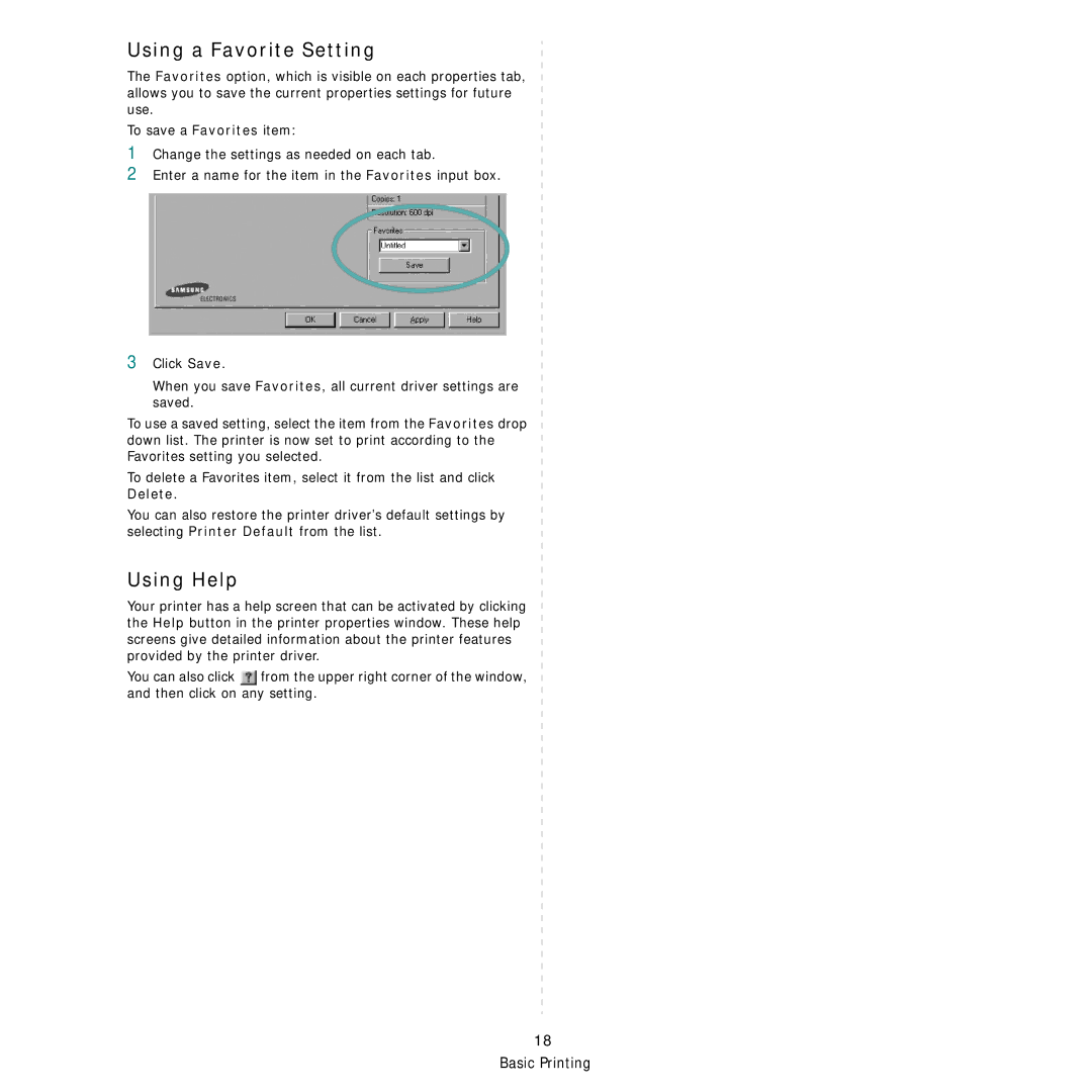 Samsung SCX-6X45 manual Using a Favorite Setting, Using Help 
