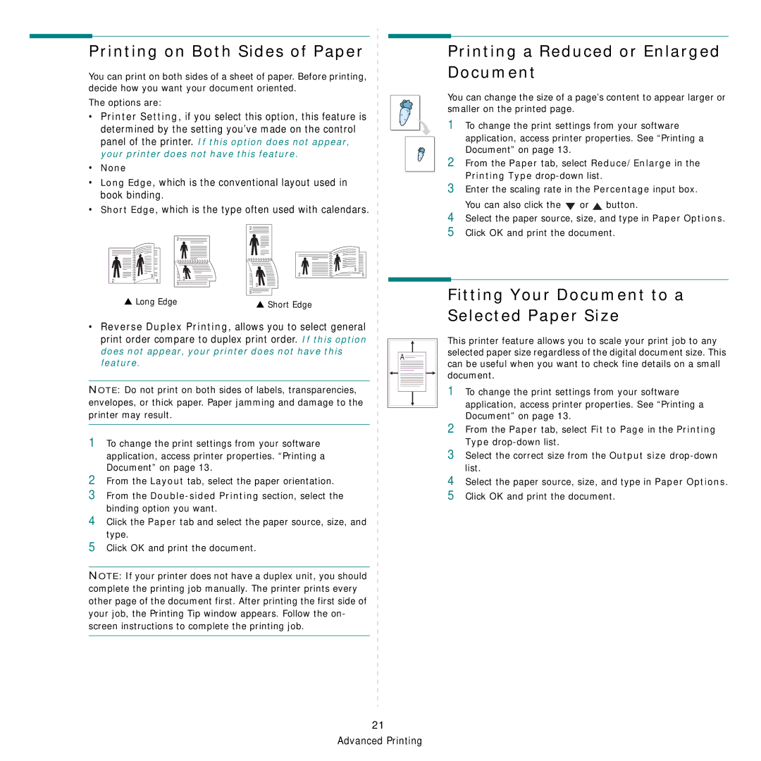 Samsung SCX-6X45 manual Printing on Both Sides of Paper, Printing a Reduced or Enlarged Document, None 