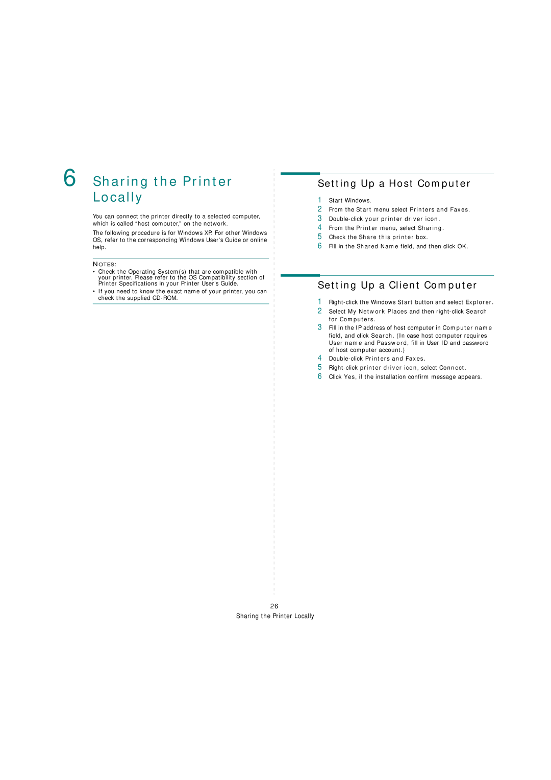 Samsung SCX-6X45 manual Setting Up a Host Computer, Setting Up a Client Computer, Check the Share this printer box 