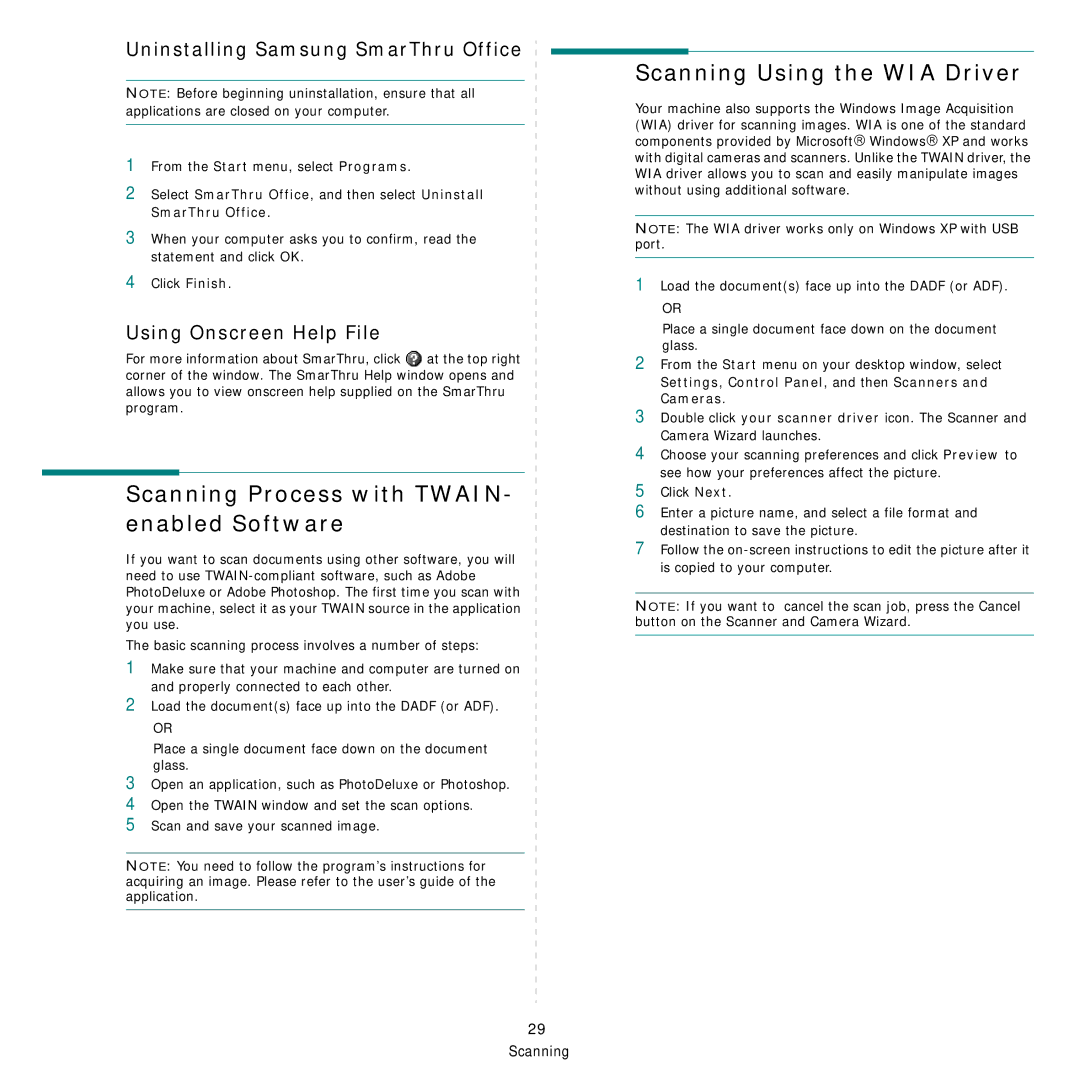 Samsung SCX-6X45 Scanning Process with TWAIN- enabled Software, Scanning Using the WIA Driver, Using Onscreen Help File 