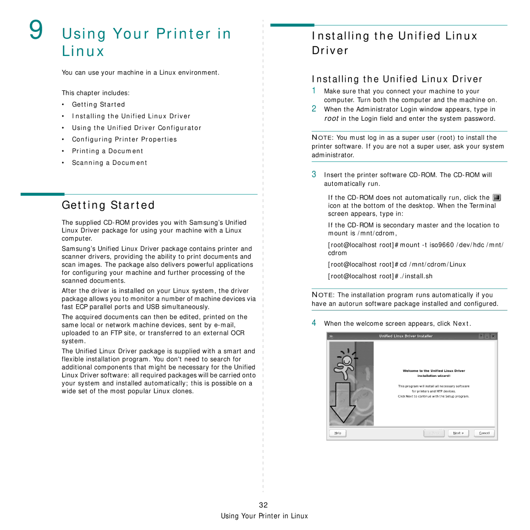 Samsung SCX-6X45 manual Getting Started, Installing the Unified Linux Driver 