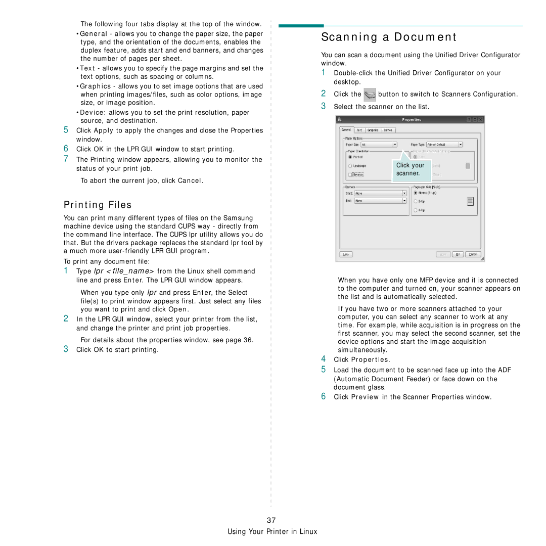 Samsung SCX-6X45 manual Scanning a Document, Printing Files, Click Properties 