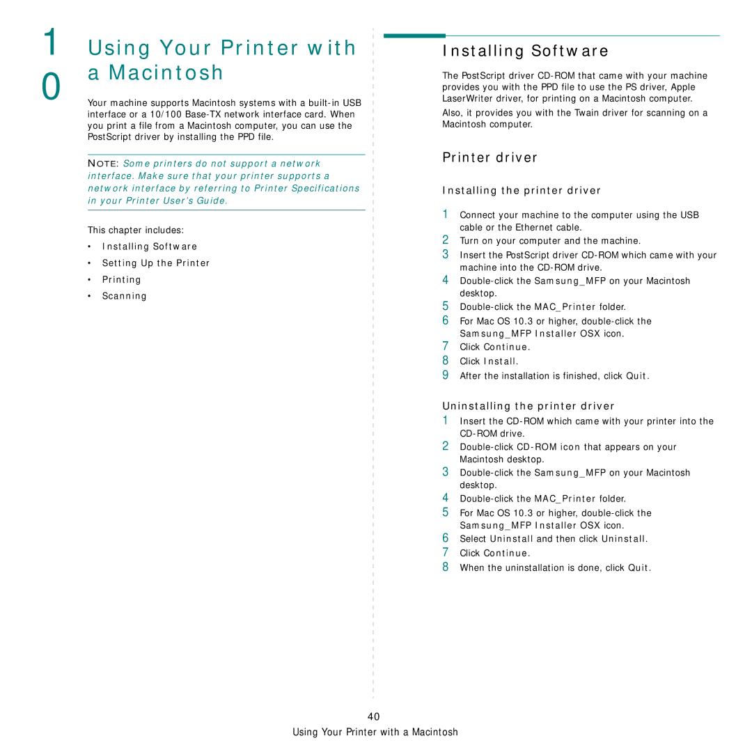 Samsung SCX-6X45 manual Installing Software, Printer driver, Installing the printer driver, Uninstalling the printer driver 