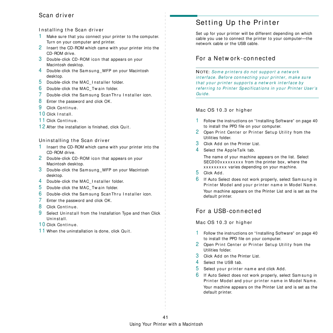 Samsung SCX-6X45 manual Setting Up the Printer, Scan driver, For a Network-connected, For a USB-connected 