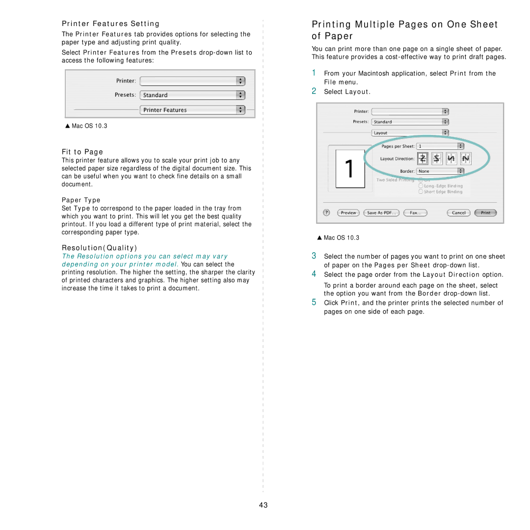 Samsung SCX-6X45 manual Printing Multiple Pages on One Sheet of Paper, Printer Features Setting, Fit to, ResolutionQuality 