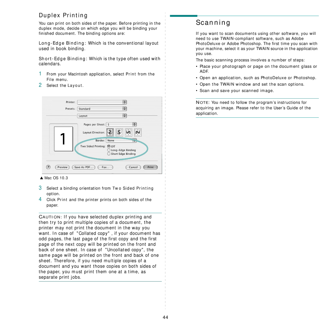 Samsung SCX-6X45 manual Scanning, Duplex Printing 