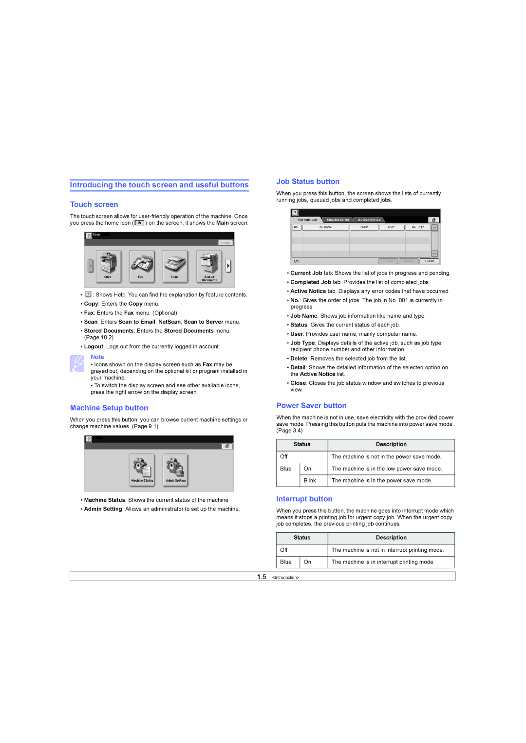 Samsung SCX-6X45 manual Introducing the touch screen and useful buttons 