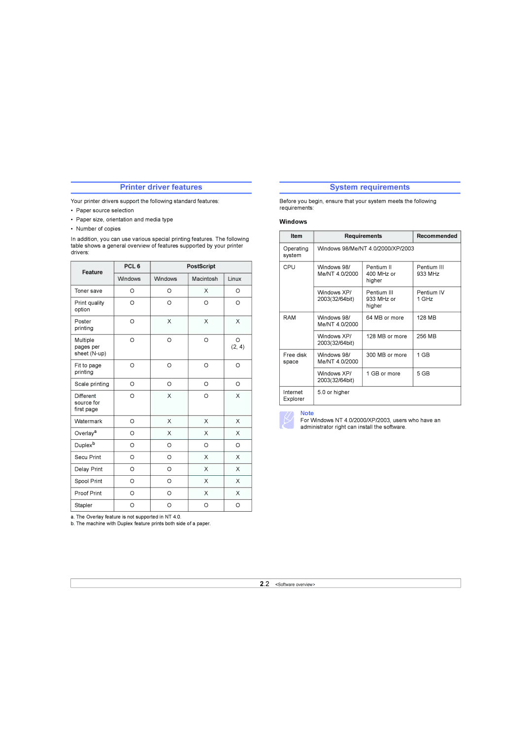 Samsung SCX-6X45 manual Printer driver features, System requirements, Windows 