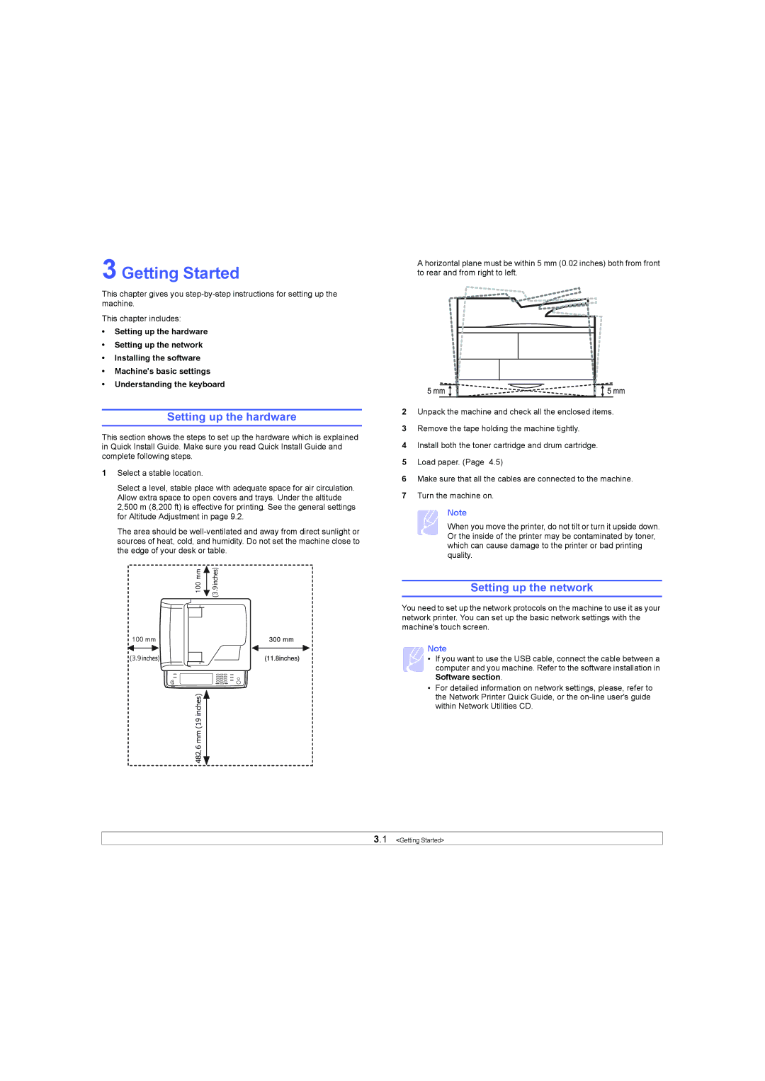 Samsung SCX-6X45 manual Getting Started, Setting up the hardware, Setting up the network 