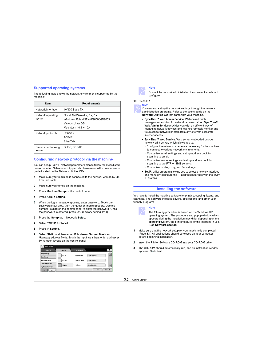 Samsung SCX-6X45 manual Installing the software, Supported operating systems, Configuring network protocol via the machine 