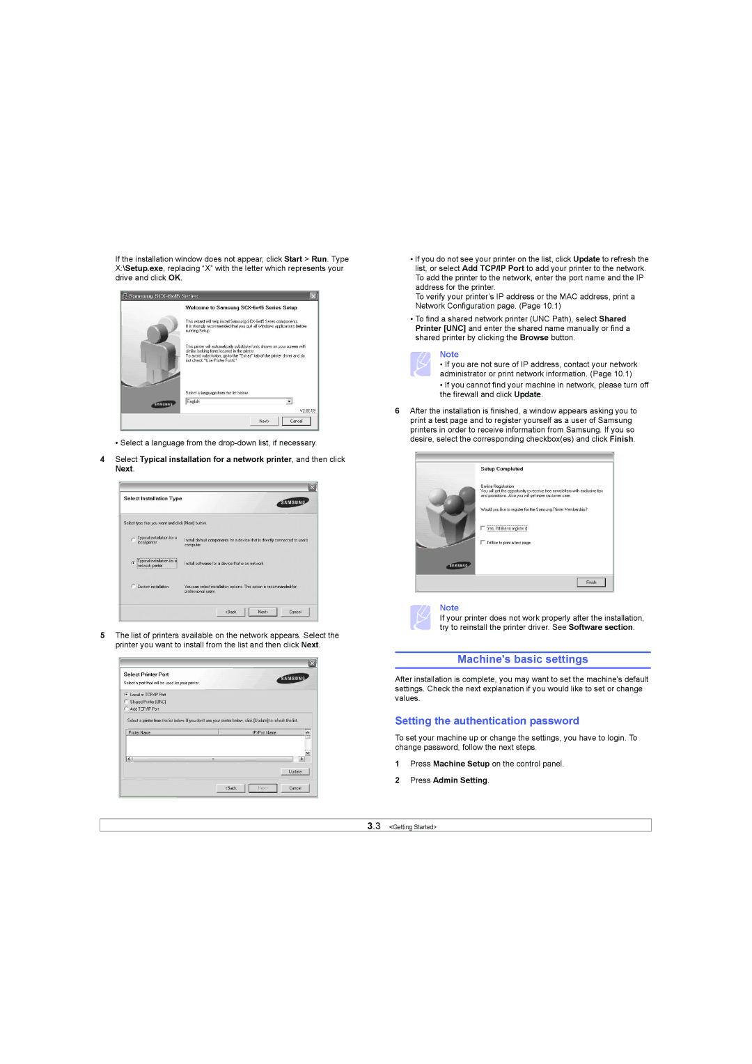 Samsung SCX-6X45 manual Machines basic settings, Setting the authentication password 