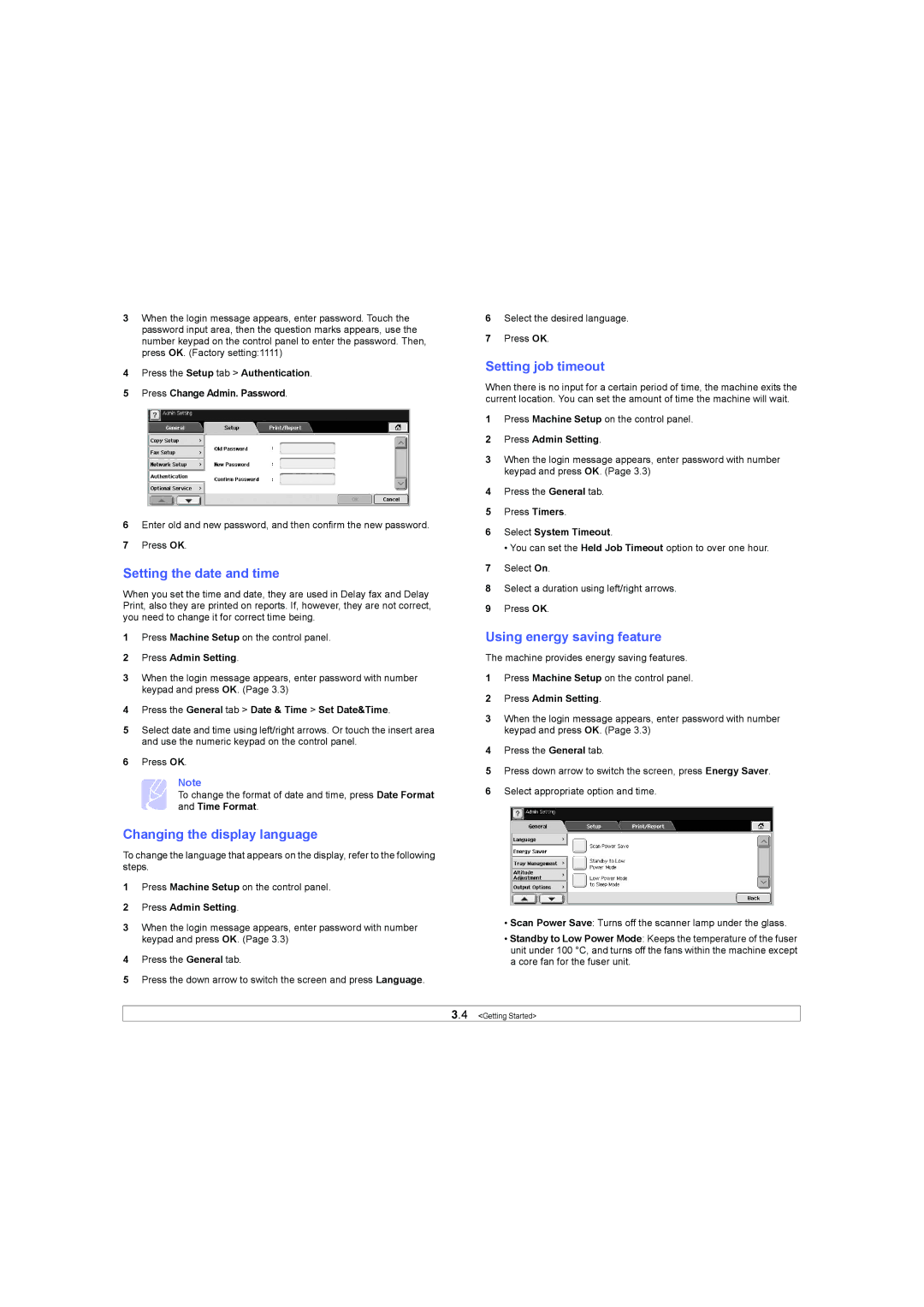 Samsung SCX-6X45 manual Setting the date and time, Changing the display language, Setting job timeout 