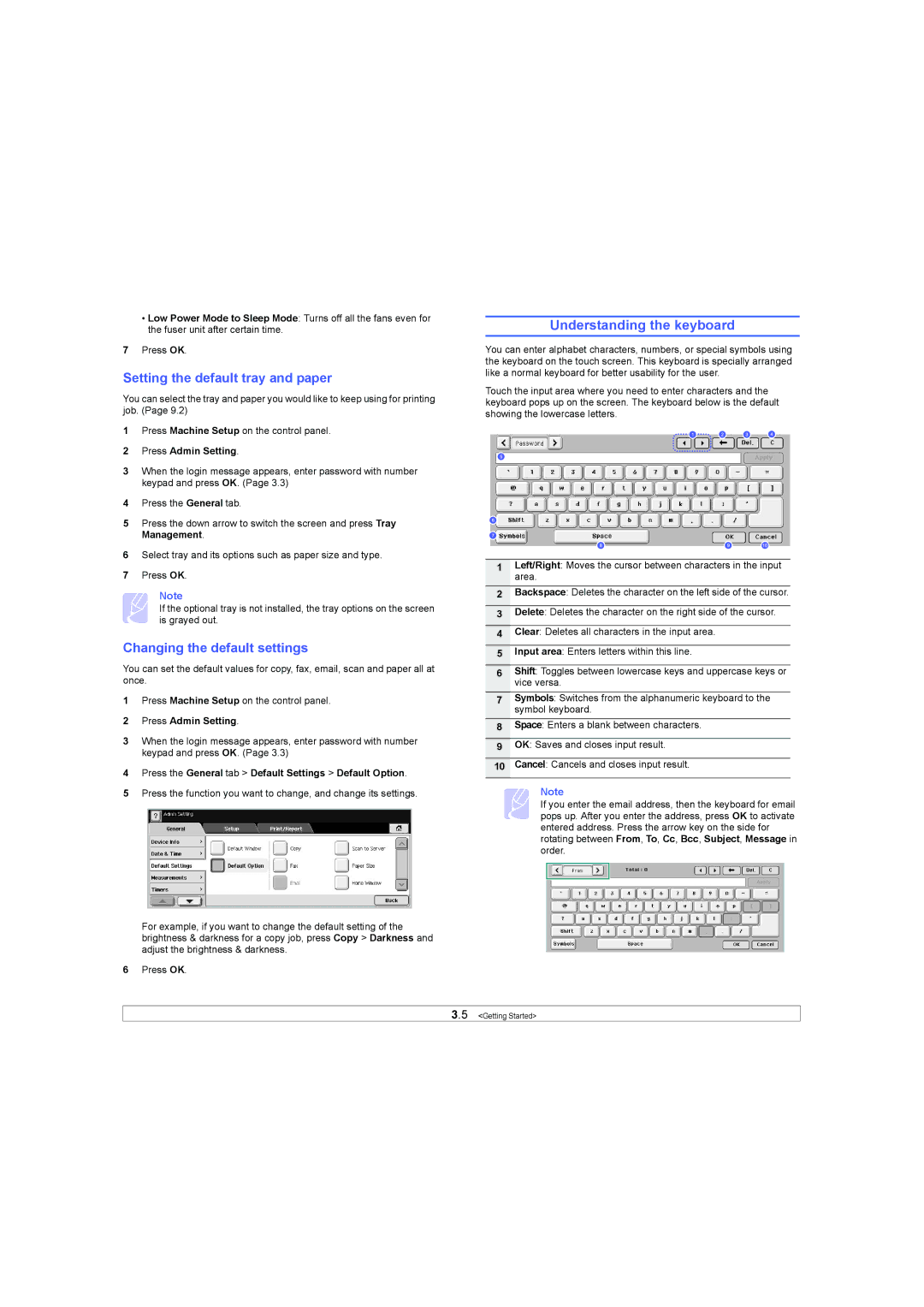 Samsung SCX-6X45 manual Understanding the keyboard, Setting the default tray and paper, Changing the default settings 