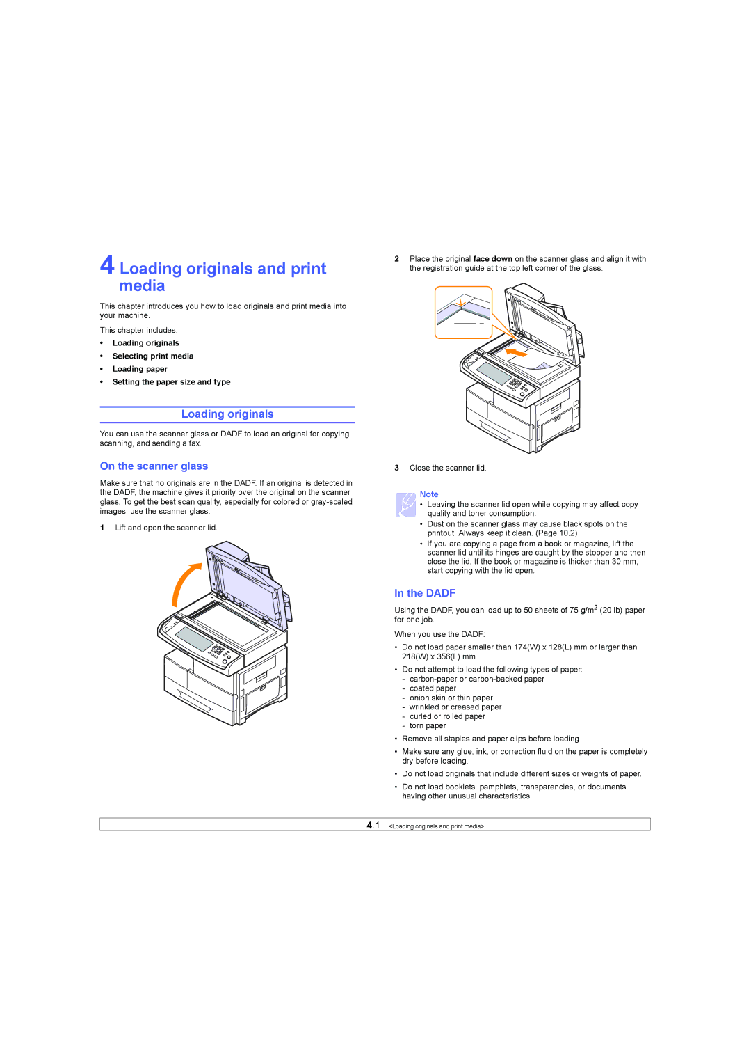 Samsung SCX-6X45 manual Loading originals and print media, On the scanner glass, Dadf 