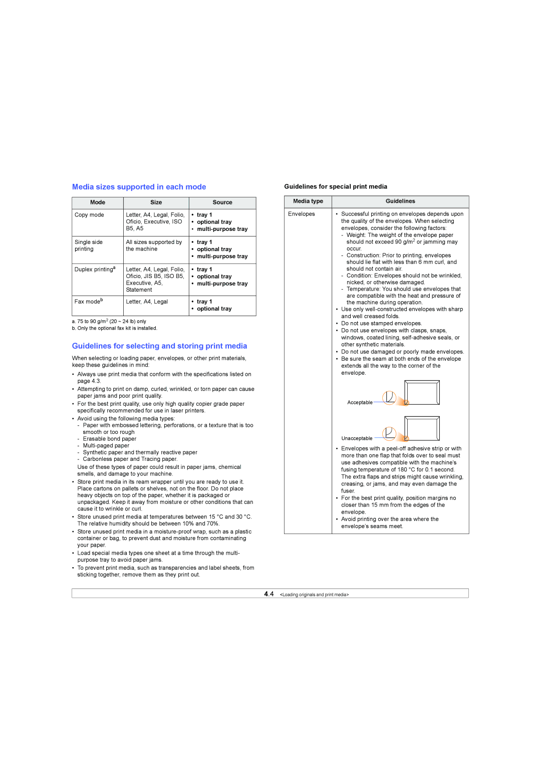 Samsung SCX-6X45 manual Media sizes supported in each mode, Guidelines for selecting and storing print media 