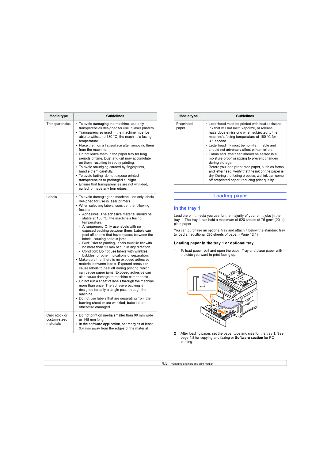 Samsung SCX-6X45 manual Tray, Loading paper in the tray 1 or optional tray 