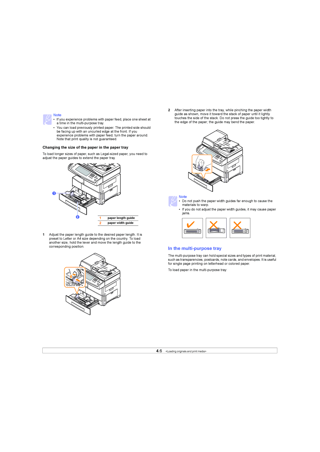 Samsung SCX-6X45 manual Multi-purpose tray, Changing the size of the paper in the paper tray 