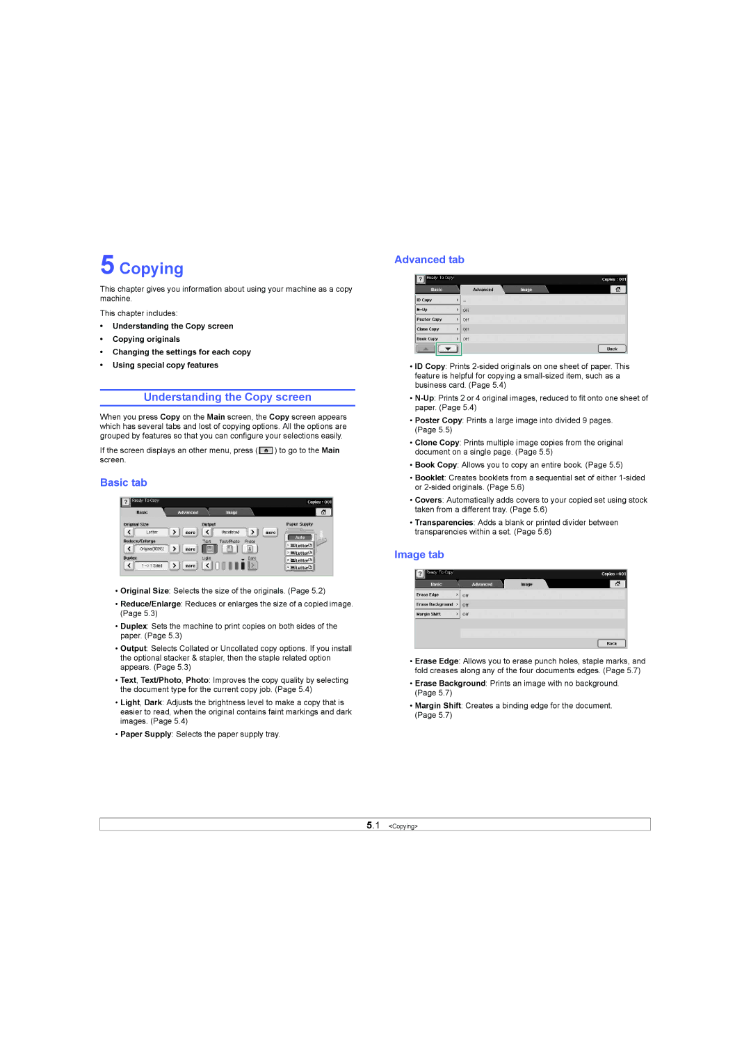 Samsung SCX-6X45 manual Copying, Understanding the Copy screen, Basic tab, Advanced tab, Image tab 