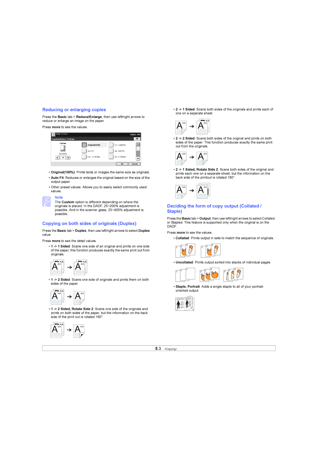 Samsung SCX-6X45 manual Reducing or enlarging copies, Copying on both sides of originals Duplex 