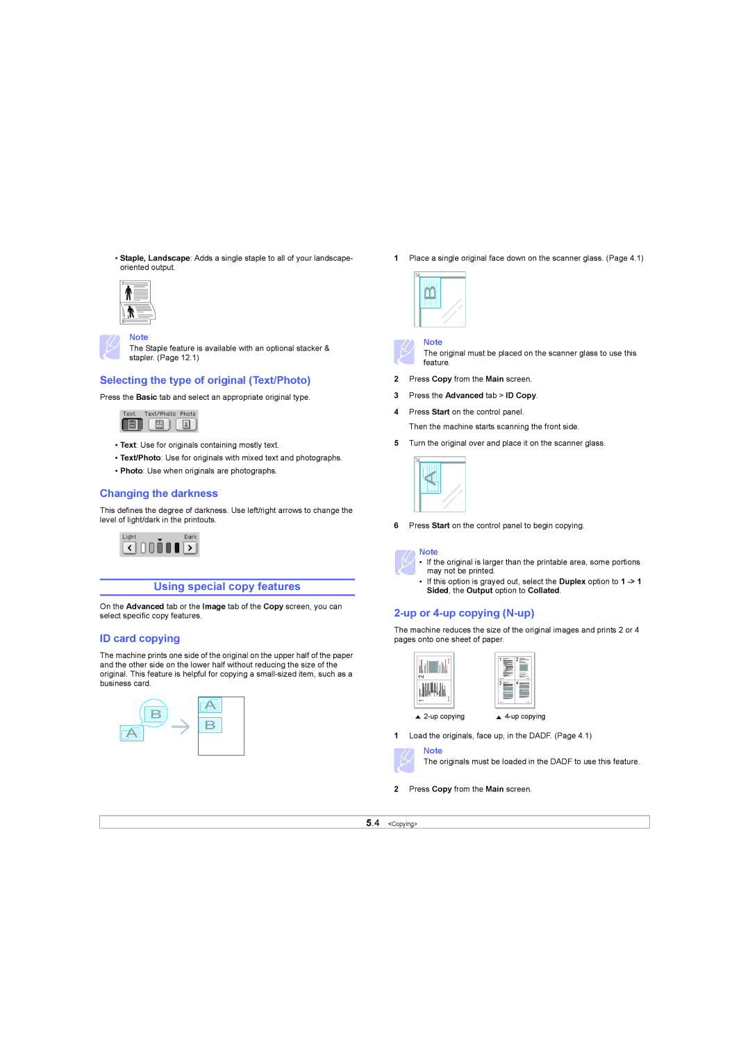 Samsung SCX-6X45 manual Using special copy features, Selecting the type of original Text/Photo, Changing the darkness 