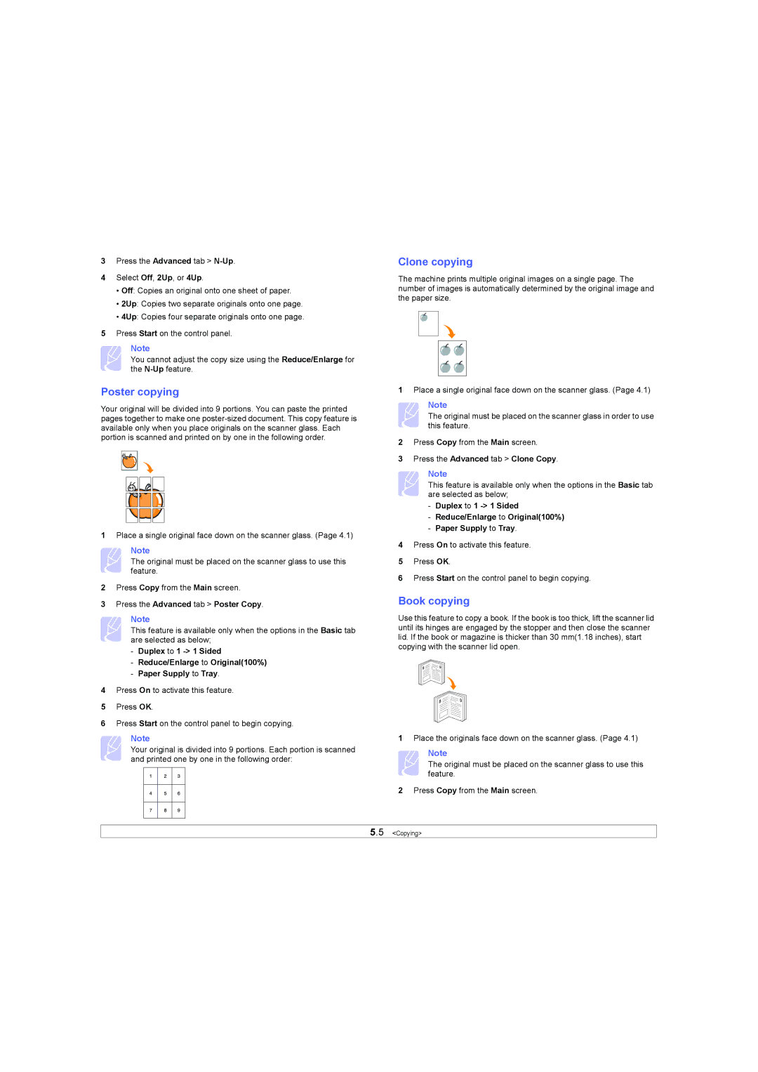 Samsung SCX-6X45 manual Poster copying, Clone copying, Book copying, Press the Advanced tab Poster Copy 