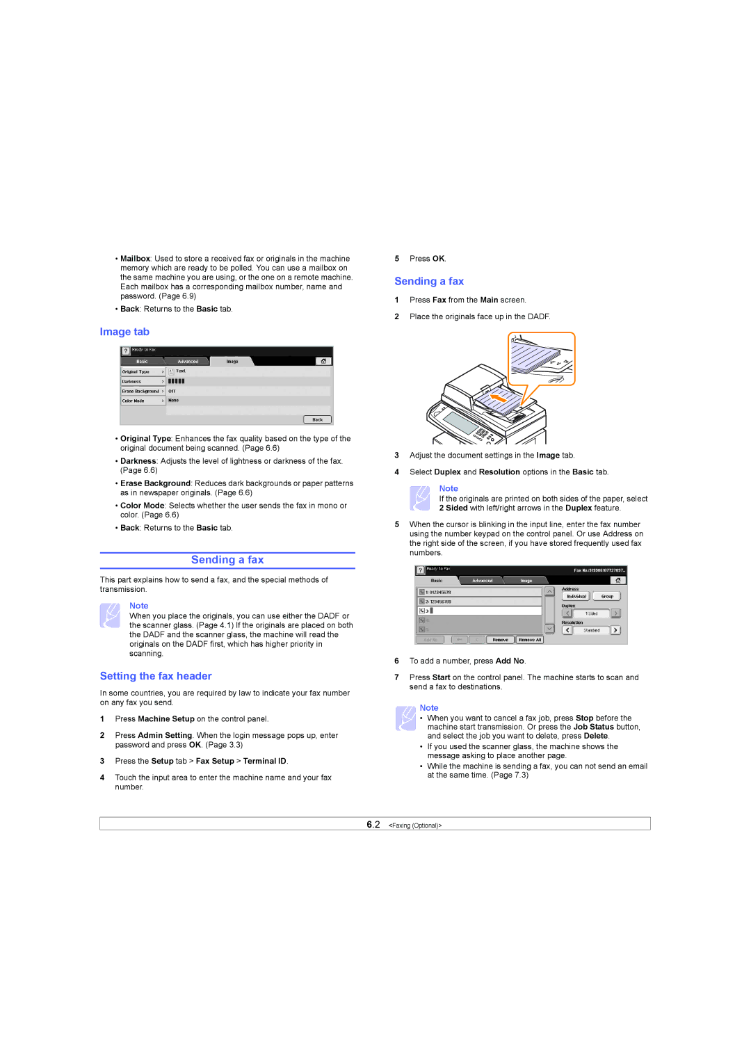 Samsung SCX-6X45 manual Sending a fax, Setting the fax header, Press the Setup tab Fax Setup Terminal ID 