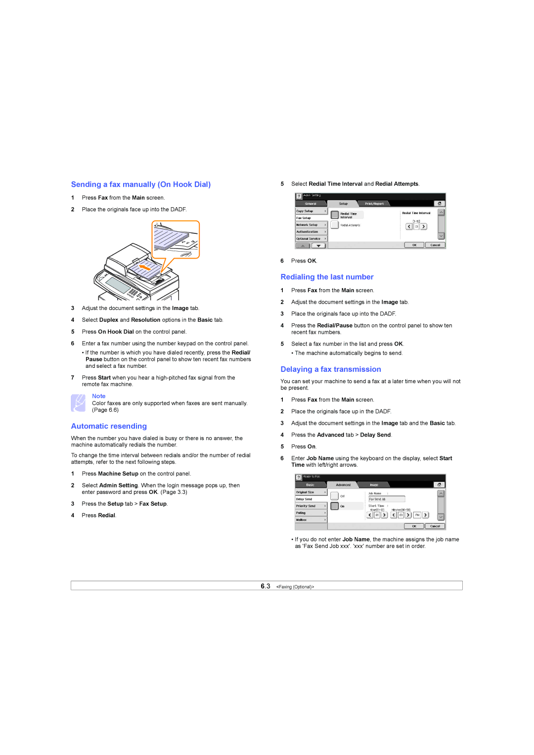 Samsung SCX-6X45 Sending a fax manually On Hook Dial, Automatic resending, Redialing the last number 