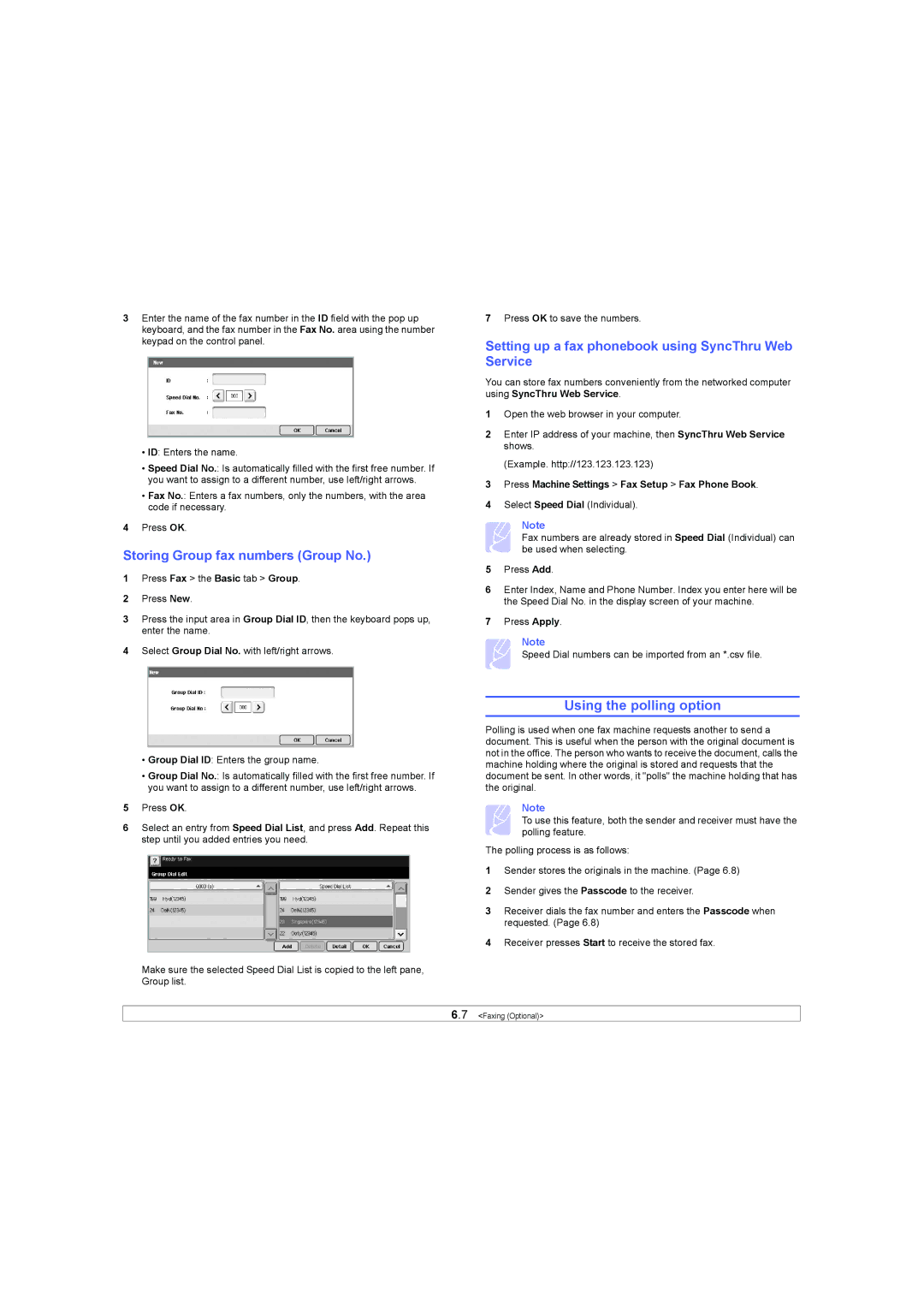 Samsung SCX-6X45 manual Using the polling option, Storing Group fax numbers Group No 