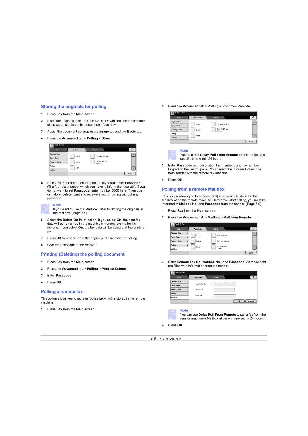 Samsung SCX-6X45 manual Storing the originals for polling, Printing Deleting the polling document, Polling a remote fax 