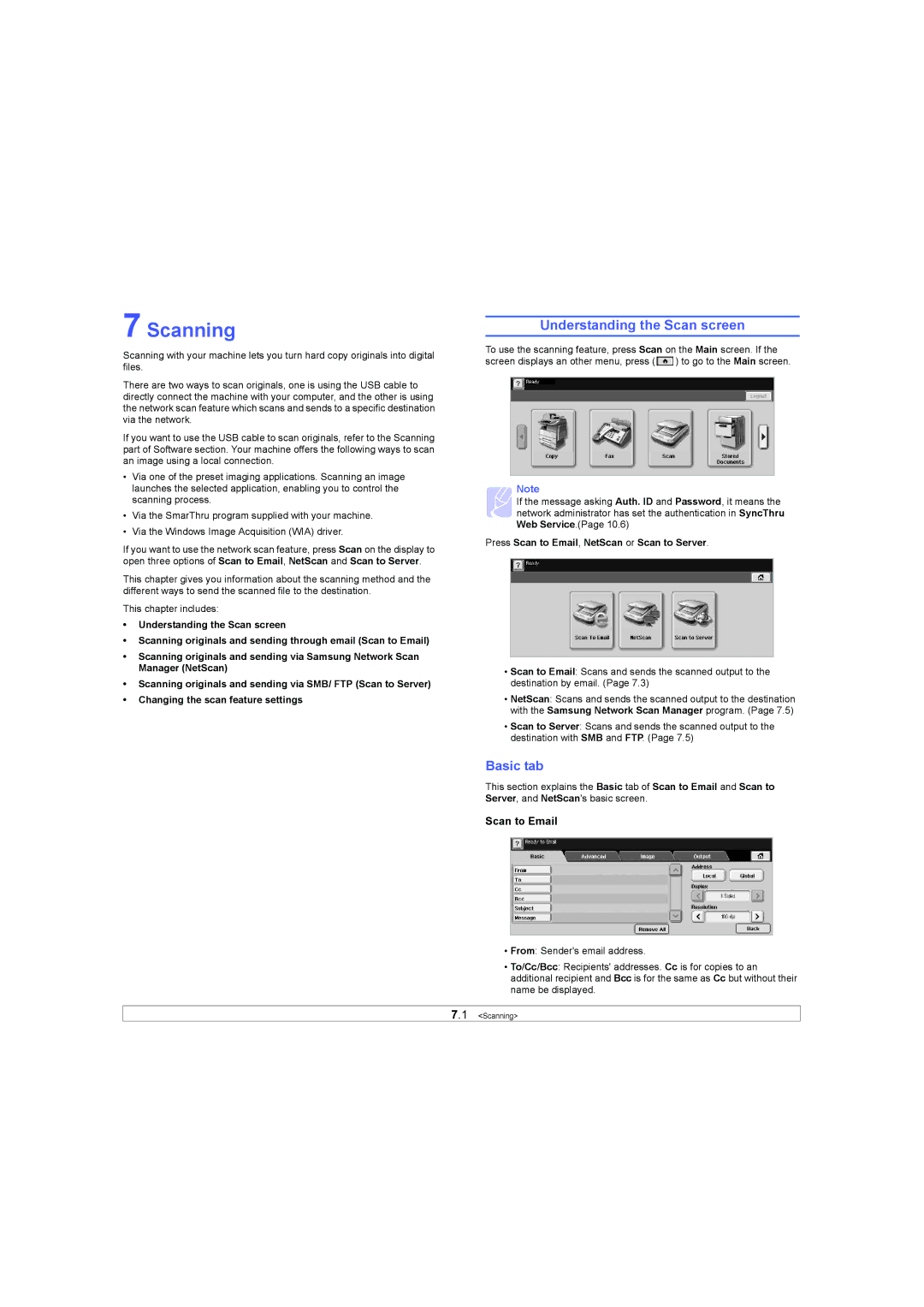 Samsung SCX-6X45 manual Scanning, Understanding the Scan screen, Press Scan to Email, NetScan or Scan to Server 