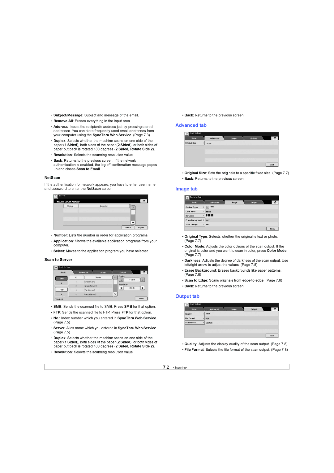 Samsung SCX-6X45 manual Output tab, NetScan, Scan to Server 