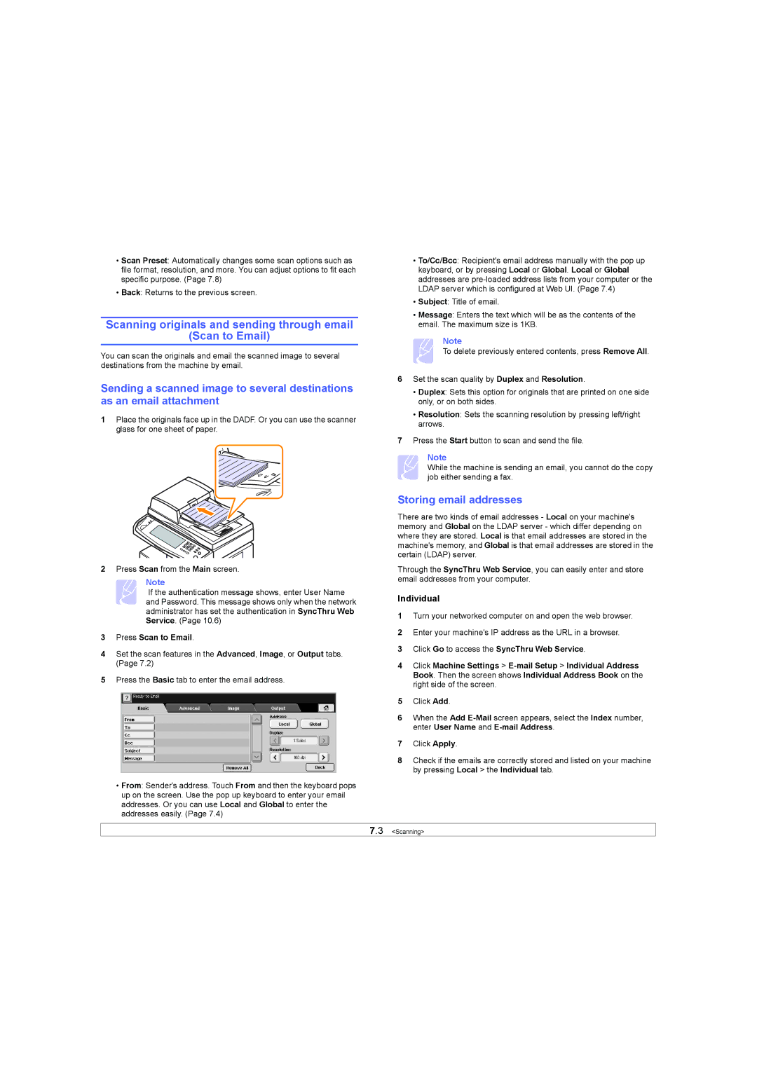 Samsung SCX-6X45 manual Scanning originals and sending through email Scan to Email, Storing email addresses, Individual 