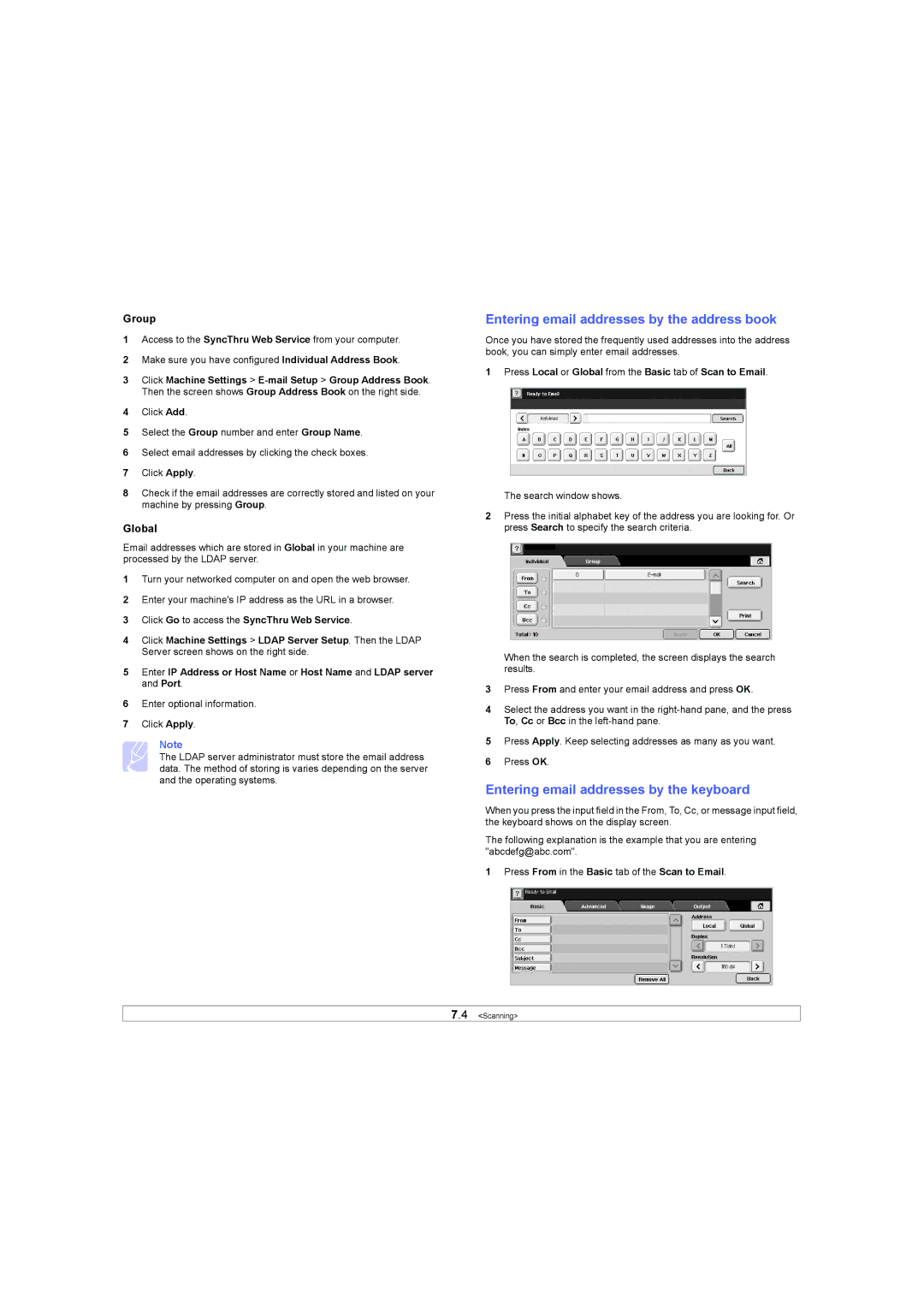 Samsung SCX-6X45 Entering email addresses by the address book, Entering email addresses by the keyboard, Group, Global 